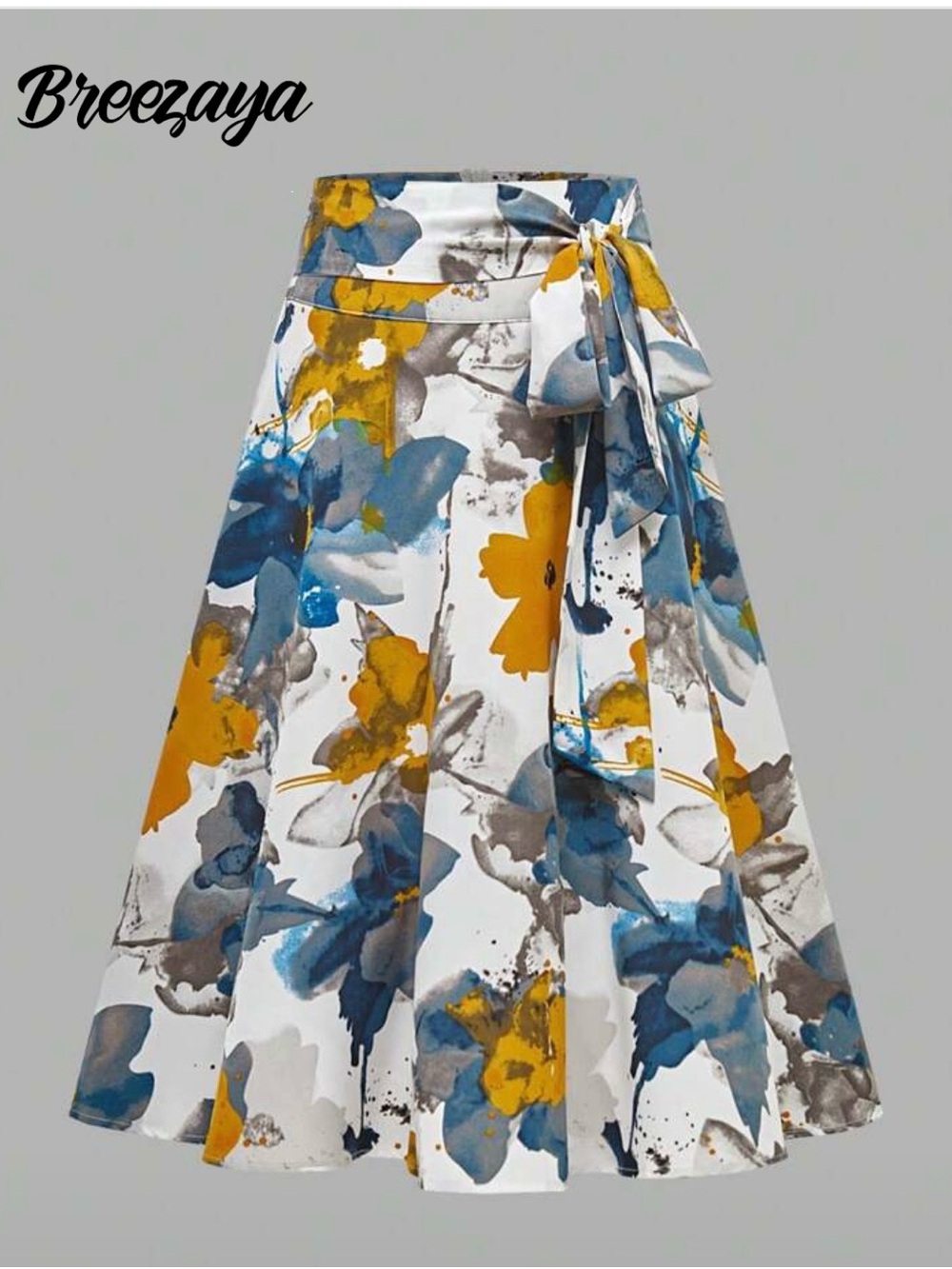 SHEIN White Midi Skirt with Blue & Mustard Floral Print